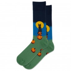 Hot Sox Men's Black Cat With Pumpkin Crew Socks 1 Pair, Navy, Men's 10-13