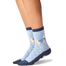 HOTSOX Womens Crew Socks Happy Llamakkah NON SKID 1 Pair, Blue heather, Womens 4-10 Shoe