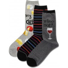 Hot Sox Women's WINE AND CHEESE CREW 3PK Sock 3 Pair, Assorted, Women's 9-11