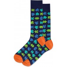 Hot Sox Men's Puzzle Crew Socks 1 Pair, Navy, Men's 10-13 Shoe