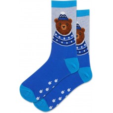 HotSox Women's Fuzzy Bear Non Skid Socks 1 Pair, Blue, Women's 9-11 Shoe