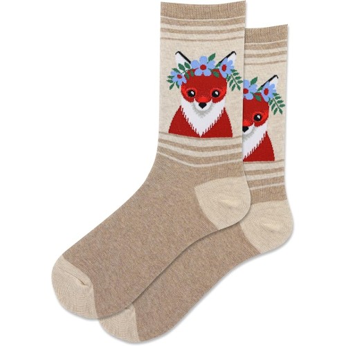 HotSox Women's Flower Crown Fox Socks 1 Pair, Natural Melange, Women's 9-11 Shoe