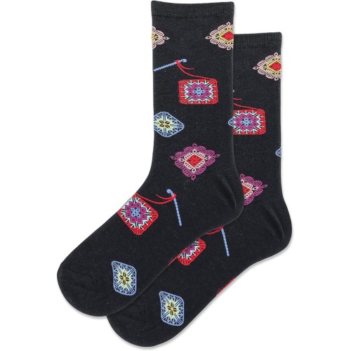 Hot Sox Women's Granny Square Crew Socks 1 Pair, Black, Women's 9-11 Shoe