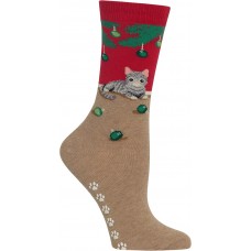 Hot Sox Women's Christmas Cat Non Skid Socks 1 Pair, Red, Women's 4-10