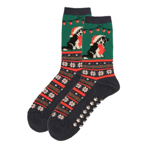 Hot Sox Women's Christmas Border Collie Non Skid Socks 1 Pair, Forest Green, Women's 4-10 Hot Sox Women's Christmas Border Collie Non Skid Socks 1 Pair, Forest Green, Women's 4-10