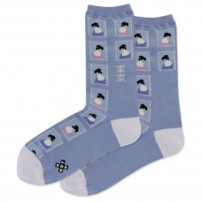 Hot Sox Women's Geisha Stamps Crew Socks 1 Pair, Light Blue, Women's 4-10 Shoe