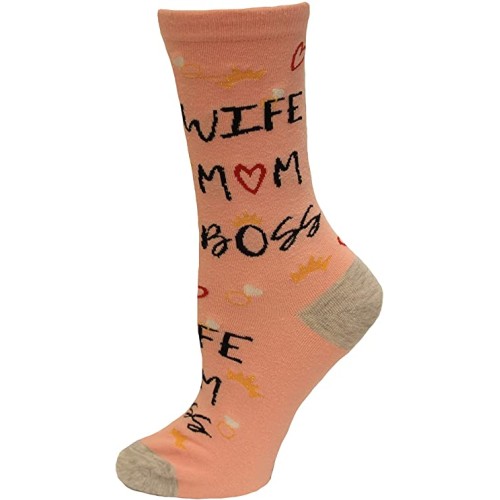 K.Bell Women's Wife Mom Boss Crew Socks 1 Pair, Pink, Women's 4-10 Shoe