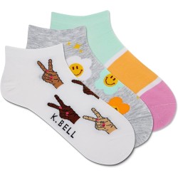 K. Bell Women's Peace Sign Low Cut Socks 3 Pair, White Assort, Women's 9-11