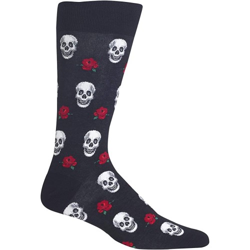 HotSox Mens Skull and Roses Socks, Black, 1 Pair, Mens Shoe 6-12.5