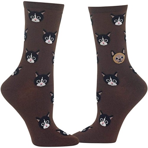 HOTSOX Womens Crew Socks Cat Face 1 Pair, Brown, Womens 4-10 Shoe HOTSOX Womens Crew Socks Cat Face 1 Pair, Brown, Womens 4-10 Shoe