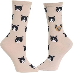 HOTSOX Womens Crew Socks Cat Face 1 Pair, Taupe, Womens 4-10 Shoe