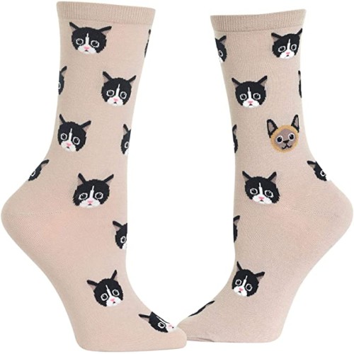 HOTSOX Womens Crew Socks Cat Face 1 Pair, Taupe, Womens 4-10 Shoe