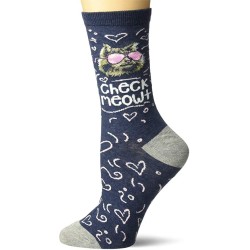 K. Bell Check Meowt Crew Socks 1 Pair, Denim Heather, Womens Sock Size 9-11/Shoe Size 4-10