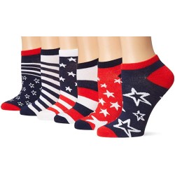 K. Bell Stars & Stripes 6 Pair Pack No Show Socks, White Assorted, Women's  Size Shoe 9-11