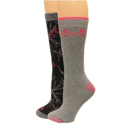 RealTree Ladies Camo Wool Blend Crew Socks, 2 Pair, Medium (W 6-9), Blk/Fuchsia Camo